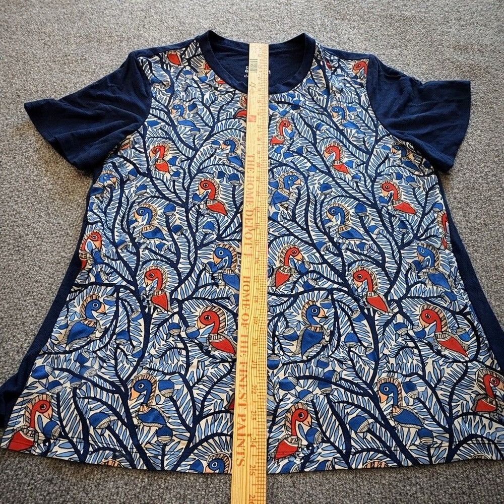 Tory Burch Silk Front Linen Top Bird Print Short Sleeve Blue Graphic Blouse L - Picture 8 of 8
